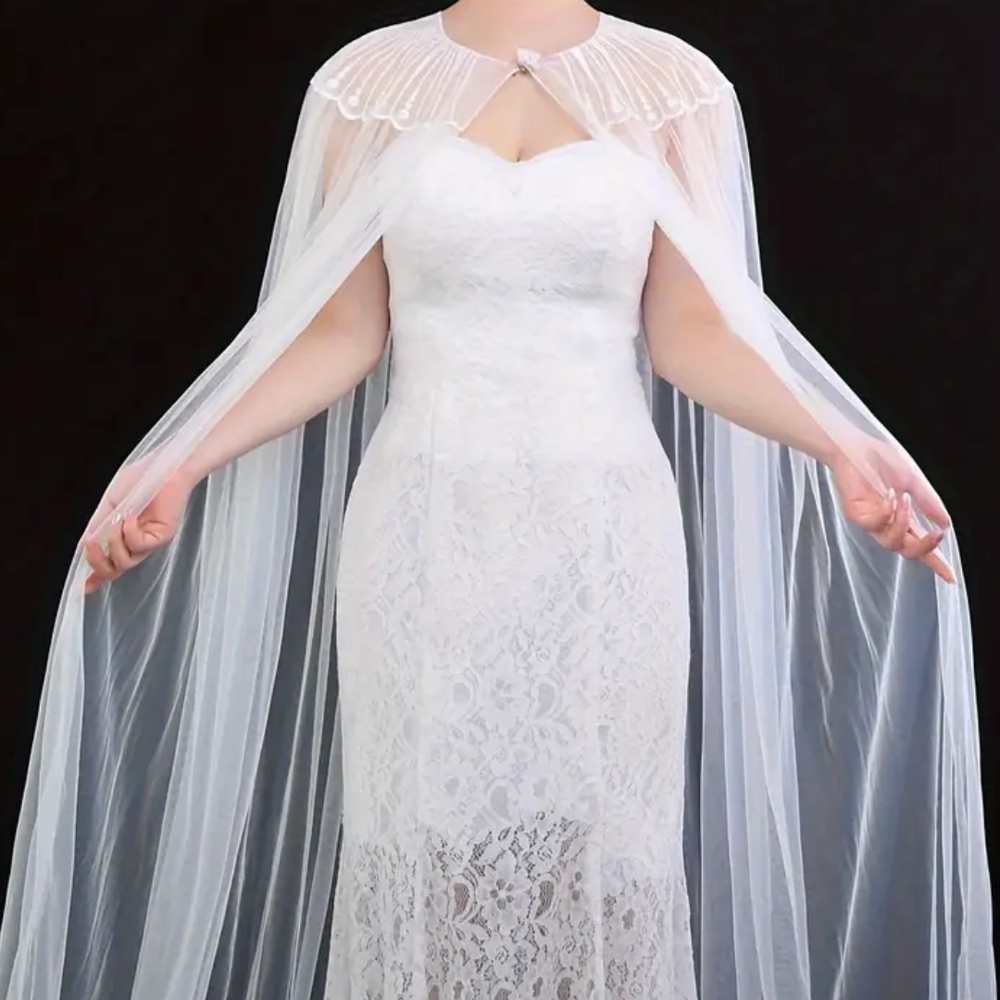 Bridal Lace Capelet in White with Sheer Tulle Overlay